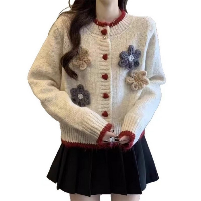 91家纺网 家纺一手货源 找家纺 （总）洛兰沙家居馆 只代发小香风毛衣女春秋慵懒可爱甜美圆领花朵针织开衫短款外套温柔上衣 