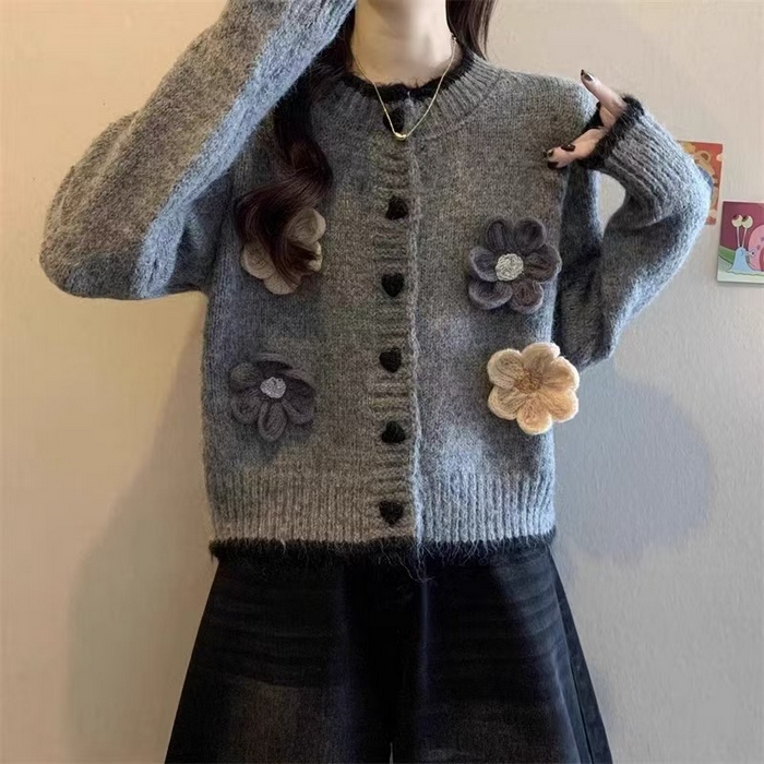 91家纺网 家纺一手货源 找家纺 （总）洛兰沙家居馆 只代发小香风毛衣女春秋慵懒可爱甜美圆领花朵针织开衫短款外套温柔上衣 