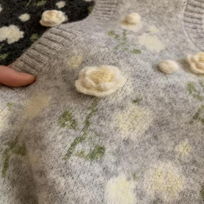 91家纺网 家纺一手货源 找家纺 （总）洛兰沙家居馆 只代发小香风毛衣女春秋慵懒可爱甜美圆领花朵针织开衫短款外套温柔上衣