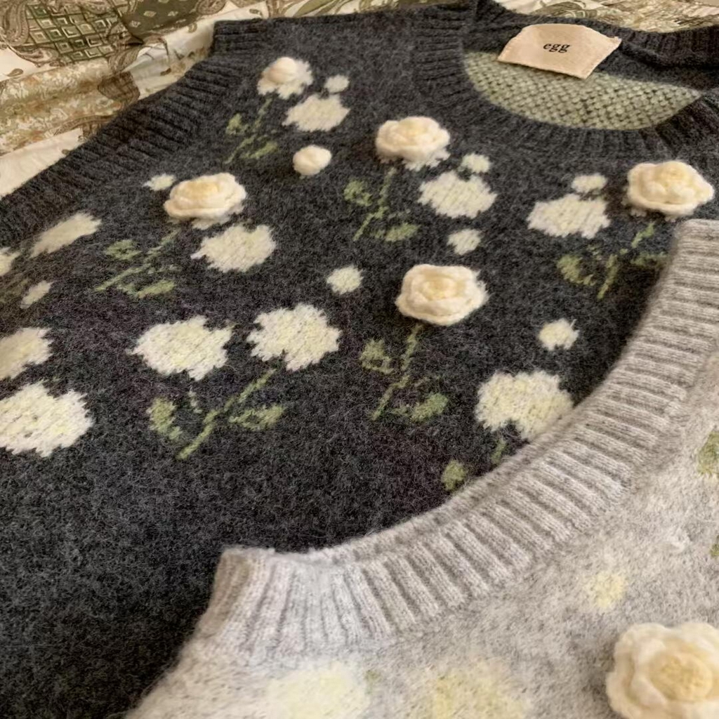 91家纺网 家纺一手货源 找家纺 （总）洛兰沙家居馆 只代发小香风毛衣女春秋慵懒可爱甜美圆领花朵针织开衫短款外套温柔上衣