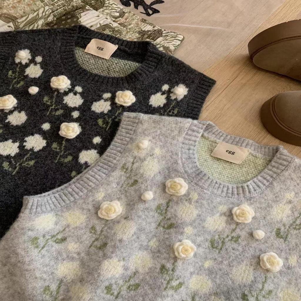 91家纺网 家纺一手货源 找家纺 （总）洛兰沙家居馆 只代发小香风毛衣女春秋慵懒可爱甜美圆领花朵针织开衫短款外套温柔上衣