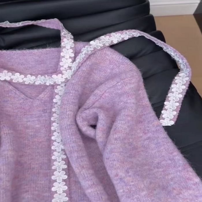 91家纺网 家纺一手货源 找家纺 （总）洛兰沙家居馆 只代发小香风毛衣女春秋慵懒可爱甜美蕾丝V领针织开衫短款外套温柔上衣