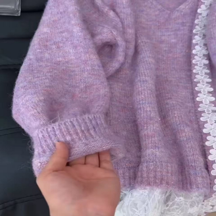 91家纺网 家纺一手货源 找家纺 （总）洛兰沙家居馆 只代发小香风毛衣女春秋慵懒可爱甜美蕾丝V领针织开衫短款外套温柔上衣