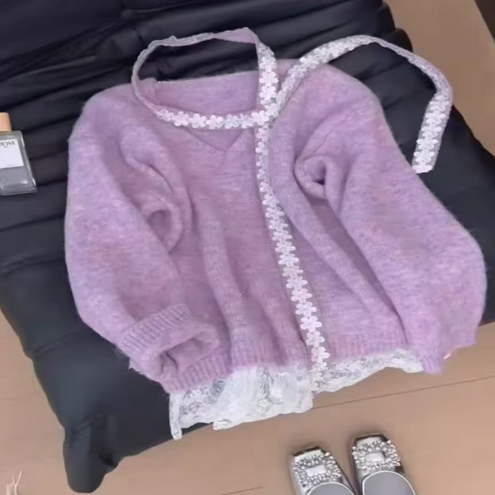 91家纺网 家纺一手货源 找家纺 （总）洛兰沙家居馆 只代发小香风毛衣女春秋慵懒可爱甜美蕾丝V领针织开衫短款外套温柔上衣