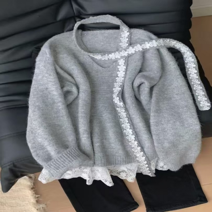 （总）洛兰沙家居馆 只代发小香风毛衣女春秋慵懒可爱甜美蕾丝V领针织开衫短款外套温柔上衣