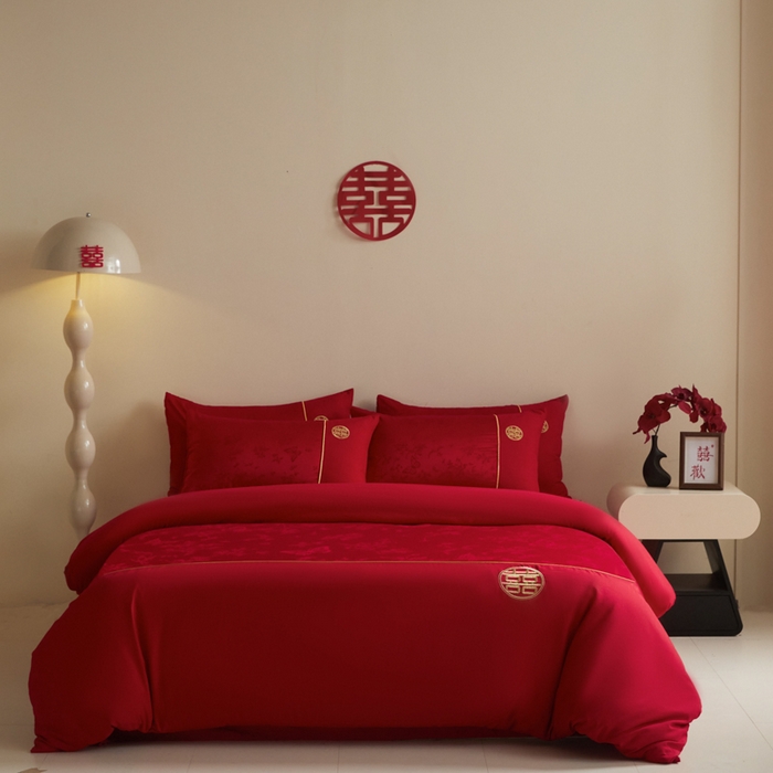 91家纺网 家纺一手货源 找家纺 （总）千希家纺 2025新款麻绳拼接120g斜纹磨毛提花婚庆系列四件套