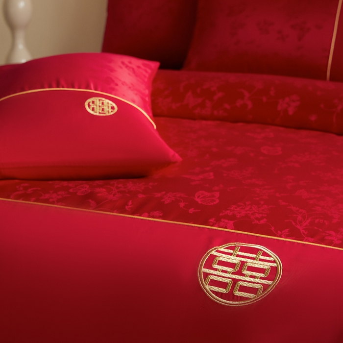 91家纺网 家纺一手货源 找家纺 （总）千希家纺 2025新款麻绳拼接120g斜纹磨毛提花婚庆系列四件套