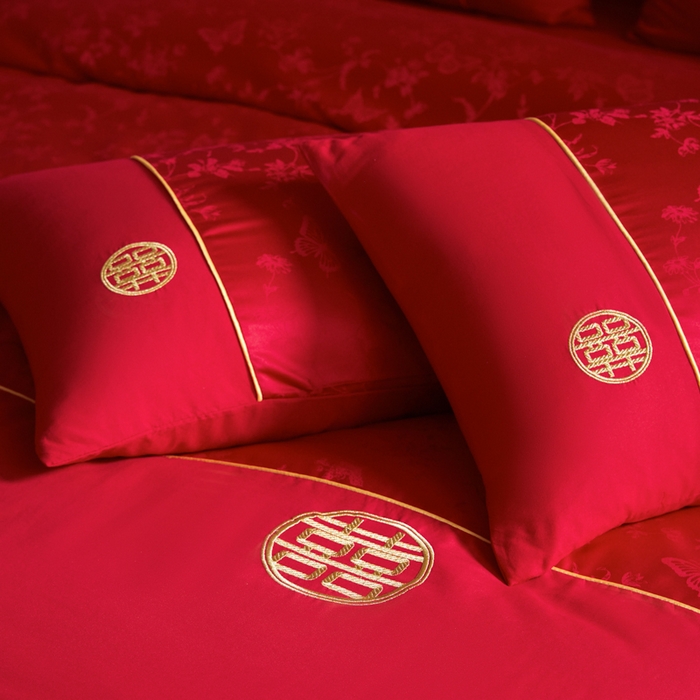 91家纺网 家纺一手货源 找家纺 千希家纺 2025新款麻绳拼接120g斜纹磨毛提花婚庆系列四件套 蝶恋花