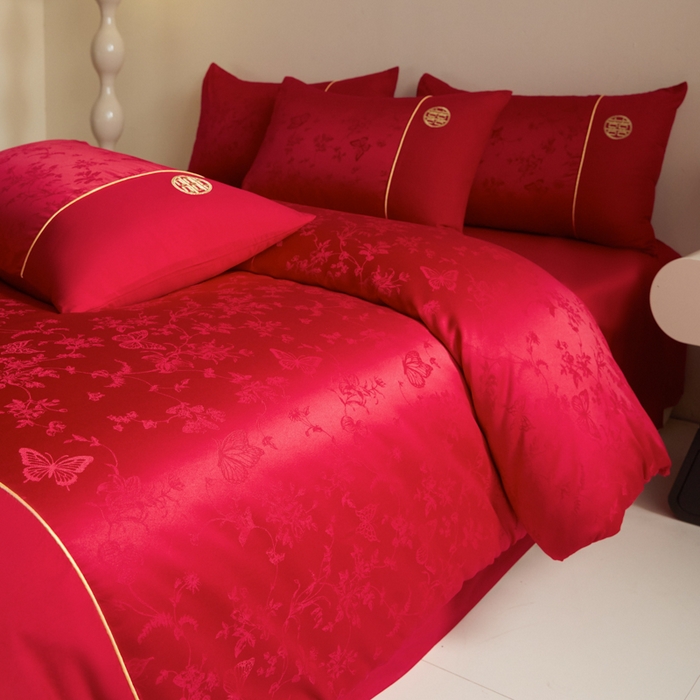 91家纺网 家纺一手货源 找家纺 （总）千希家纺 2025新款麻绳拼接120g斜纹磨毛提花婚庆系列四件套