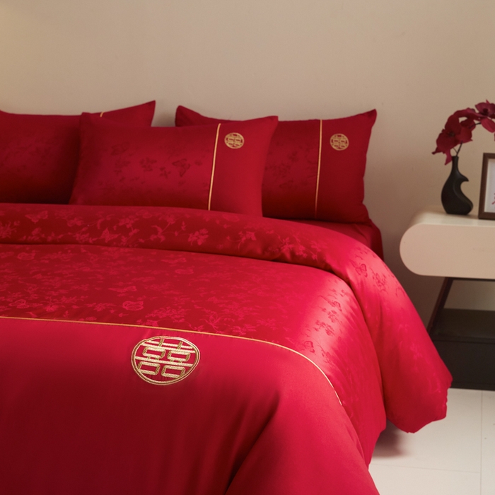 千希家纺 2025新款麻绳拼接120g斜纹磨毛提花婚庆系列四件套 蝶恋花