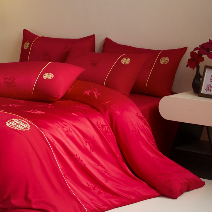 91家纺网 家纺一手货源 找家纺 千希家纺 2025新款麻绳拼接120g斜纹磨毛提花婚庆系列四件套 竹恋