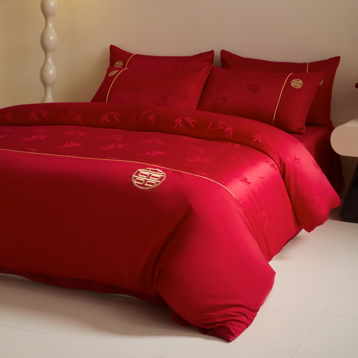 91家纺网 家纺一手货源 找家纺 千希家纺 2025新款麻绳拼接120g斜纹磨毛提花婚庆系列四件套 竹恋