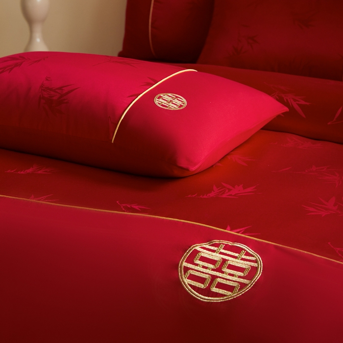 91家纺网 家纺一手货源 找家纺 千希家纺 2025新款麻绳拼接120g斜纹磨毛提花婚庆系列四件套 竹恋