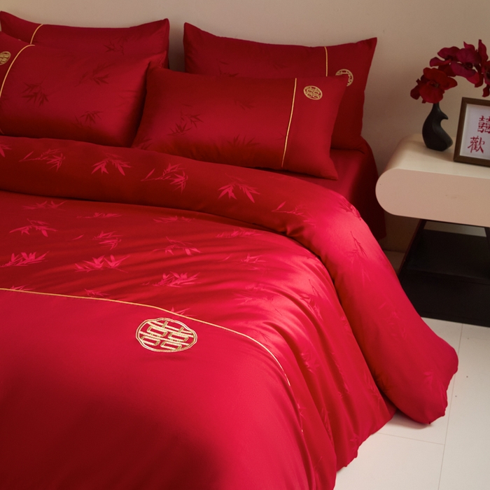 91家纺网 家纺一手货源 找家纺 千希家纺 2025新款麻绳拼接120g斜纹磨毛提花婚庆系列四件套 竹恋