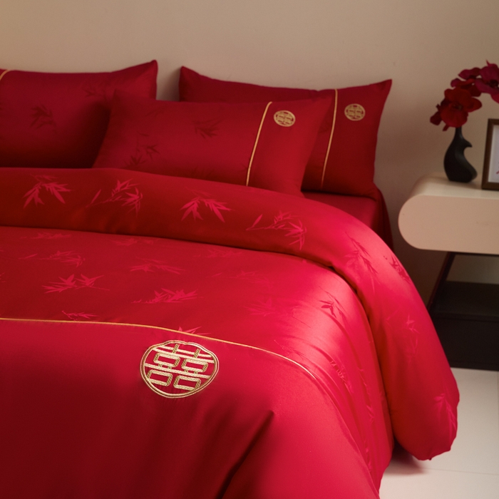 91家纺网 家纺一手货源 找家纺 千希家纺 2025新款麻绳拼接120g斜纹磨毛提花婚庆系列四件套 竹恋