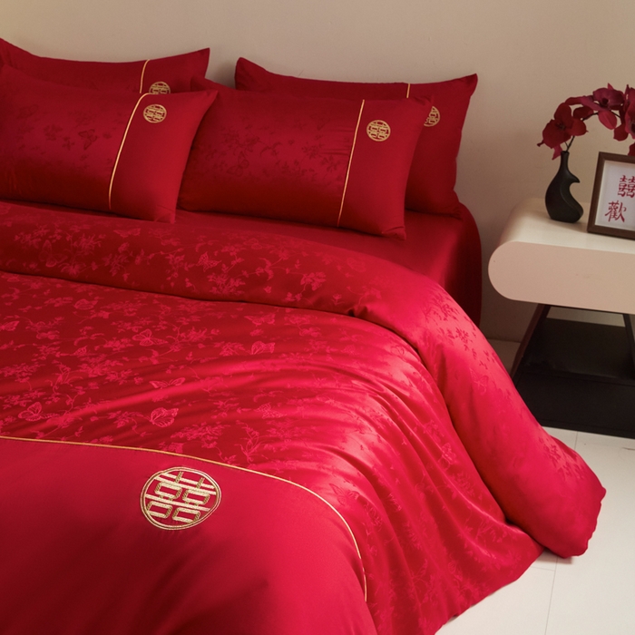 91家纺网 家纺一手货源 找家纺 千希家纺 2025新款麻绳拼接120g斜纹磨毛提花婚庆系列四件套 蝶恋花