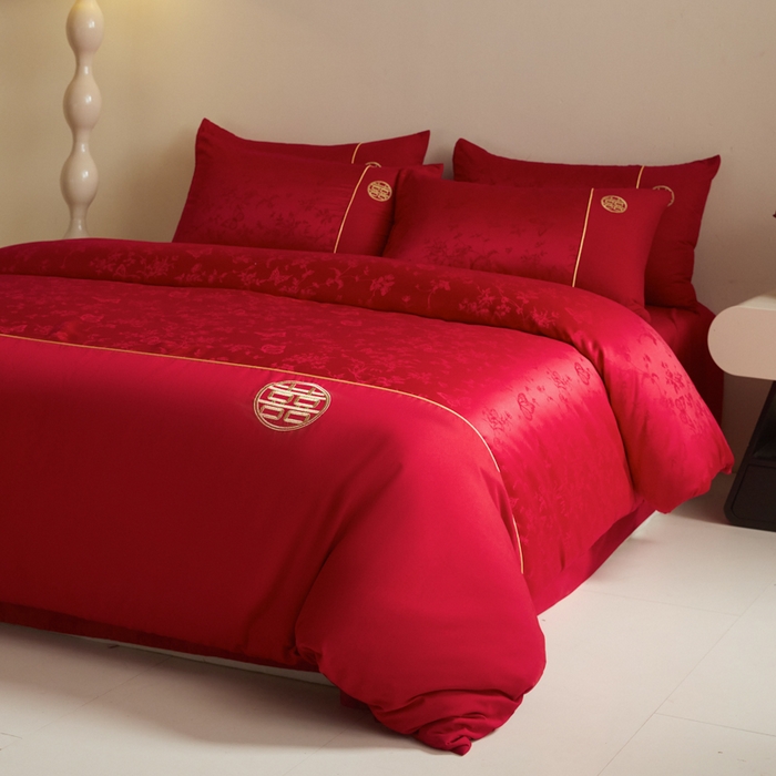 91家纺网 家纺一手货源 找家纺 千希家纺 2025新款麻绳拼接120g斜纹磨毛提花婚庆系列四件套 蝶恋花