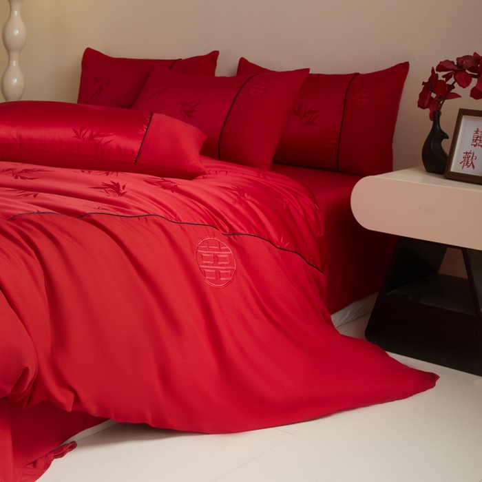 91家纺网 家纺一手货源 找家纺 千希家纺 2025新款麻绳拼接120g斜纹磨毛提花婚庆系列四件套 竹影清梦