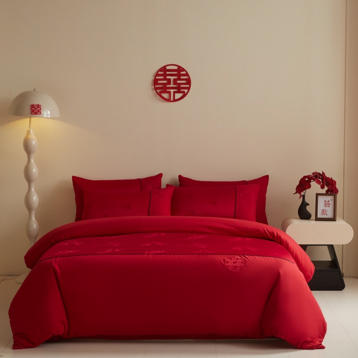 91家纺网 家纺一手货源 找家纺 千希家纺 2025新款麻绳拼接120g斜纹磨毛提花婚庆系列四件套 竹影清梦