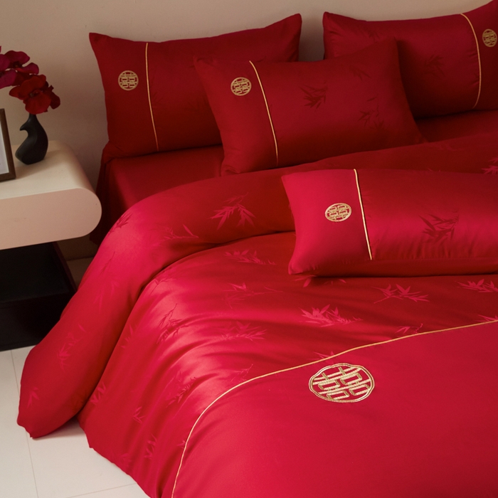 91家纺网 家纺一手货源 找家纺 千希家纺 2025新款麻绳拼接120g斜纹磨毛提花婚庆系列四件套 竹恋