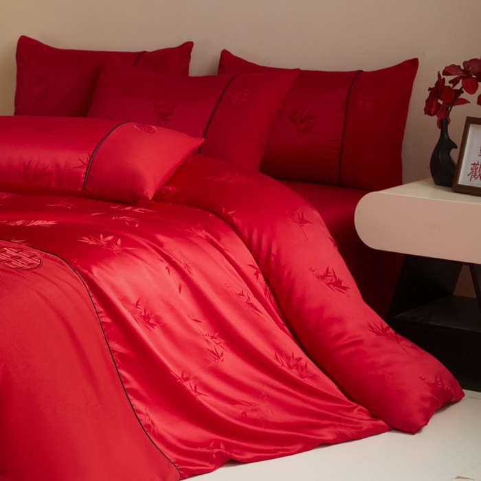 91家纺网 家纺一手货源 找家纺 千希家纺 2025新款麻绳拼接120g斜纹磨毛提花婚庆系列四件套 竹影清梦