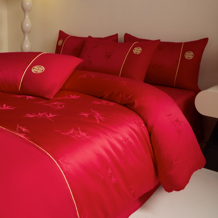 91家纺网 家纺一手货源 找家纺 千希家纺 2025新款麻绳拼接120g斜纹磨毛提花婚庆系列四件套 竹恋