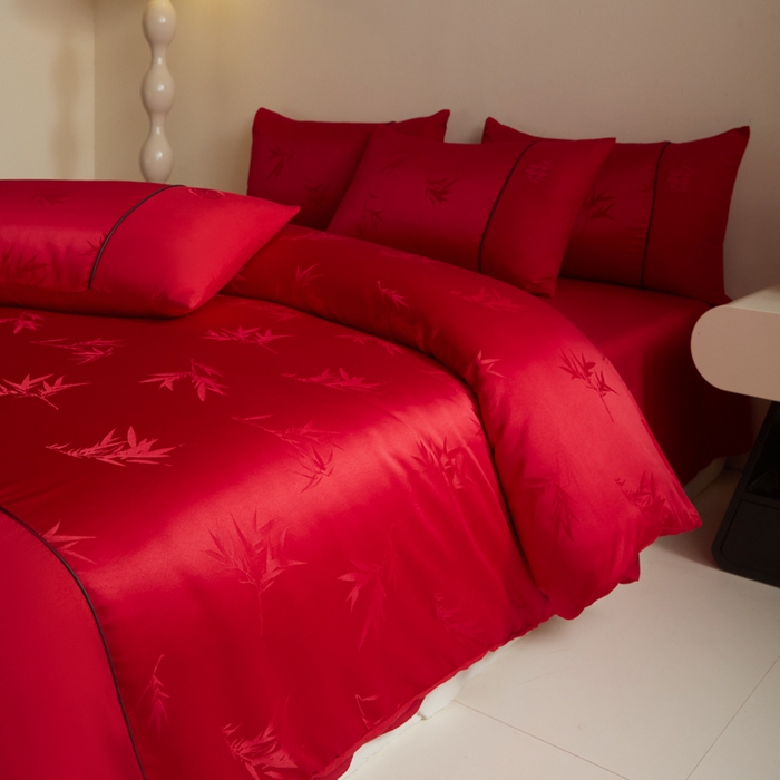 91家纺网 家纺一手货源 找家纺 千希家纺 2025新款麻绳拼接120g斜纹磨毛提花婚庆系列四件套 竹影清梦