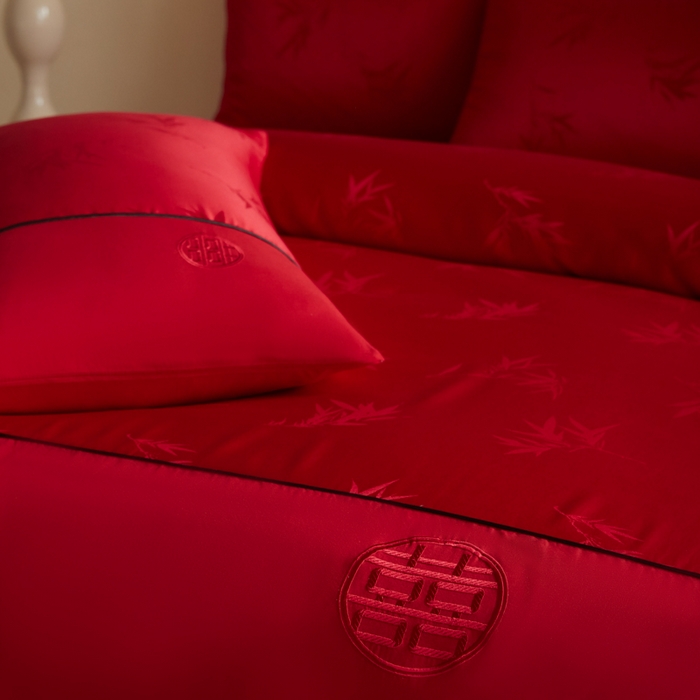 91家纺网 家纺一手货源 找家纺 千希家纺 2025新款麻绳拼接120g斜纹磨毛提花婚庆系列四件套 竹影清梦