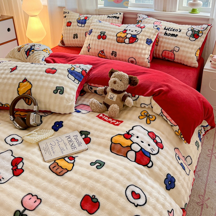 91家纺网 家纺一手货源 找家纺 一比一 2025新款亲肤舒适保暖泡泡绒牛奶绒四件套 杰瑞猫咪