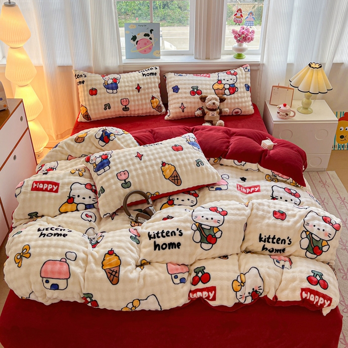 91家纺网 家纺一手货源 找家纺 一比一 2025新款亲肤舒适保暖泡泡绒牛奶绒四件套 杰瑞猫咪