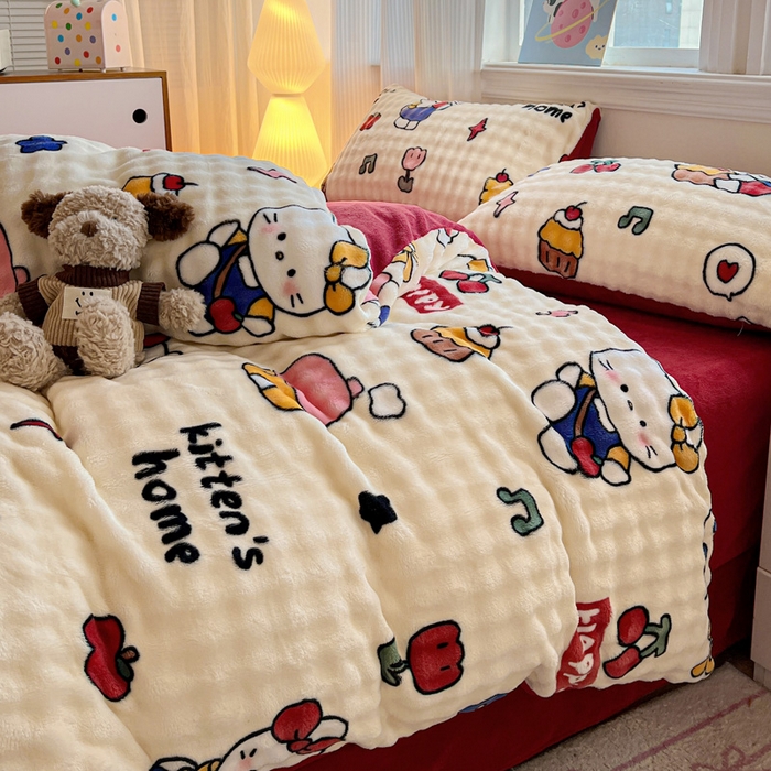 91家纺网 家纺一手货源 找家纺 一比一 2025新款亲肤舒适保暖泡泡绒牛奶绒四件套 杰瑞猫咪