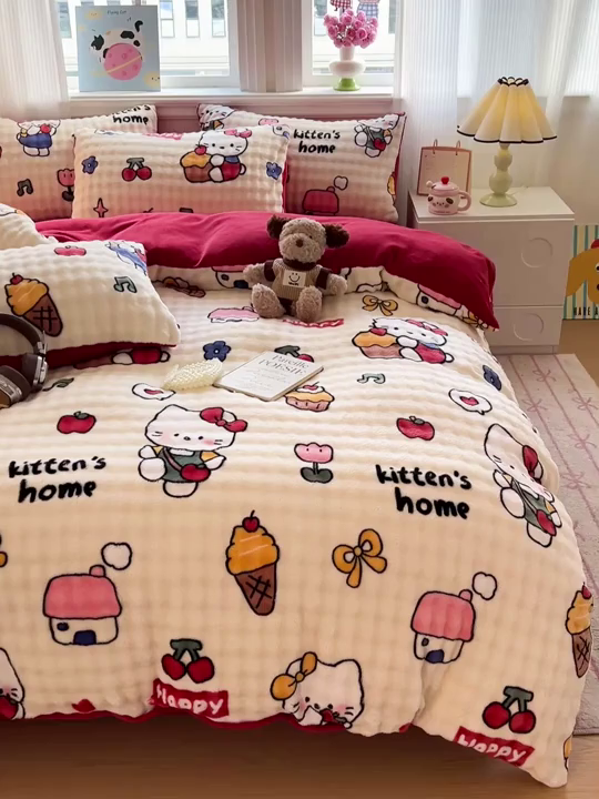 91家纺网 家纺一手货源 找家纺 一比一 2025新款亲肤舒适保暖泡泡绒牛奶绒四件套 杰瑞猫咪