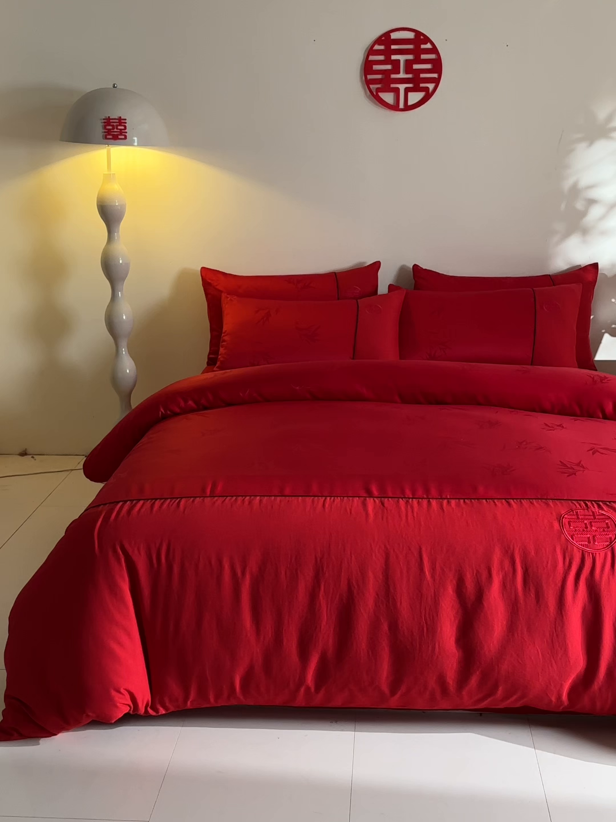 91家纺网 家纺一手货源 找家纺 千希家纺 2025新款麻绳拼接120g斜纹磨毛提花婚庆系列四件套 竹影清梦