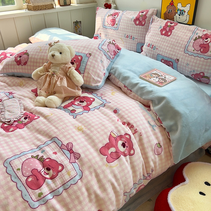 91家纺网 家纺一手货源 找家纺 （总）原素 2025秋冬少女心印花A类200克双拼加厚牛奶绒四件套