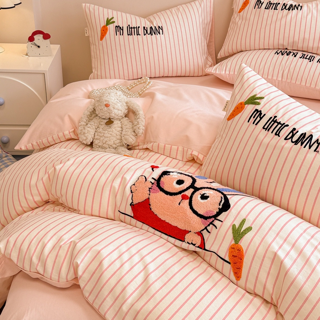 91家纺网 家纺一手货源 找家纺 简宜家居 2025新款全棉磨毛刺绣毛巾绣四件套 大眼兔宝