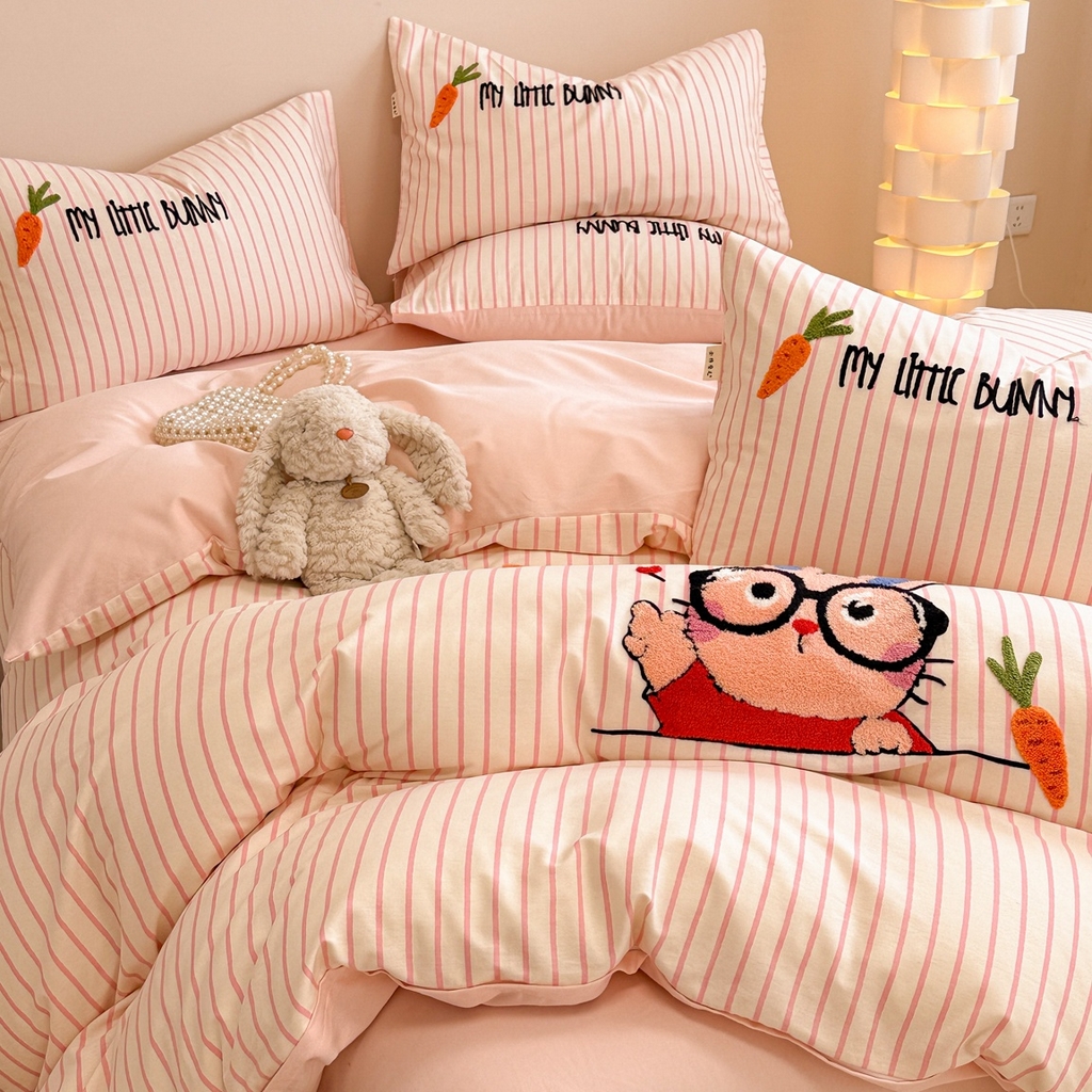 91家纺网 家纺一手货源 找家纺 简宜家居 2025新款全棉磨毛刺绣毛巾绣四件套 大眼兔宝