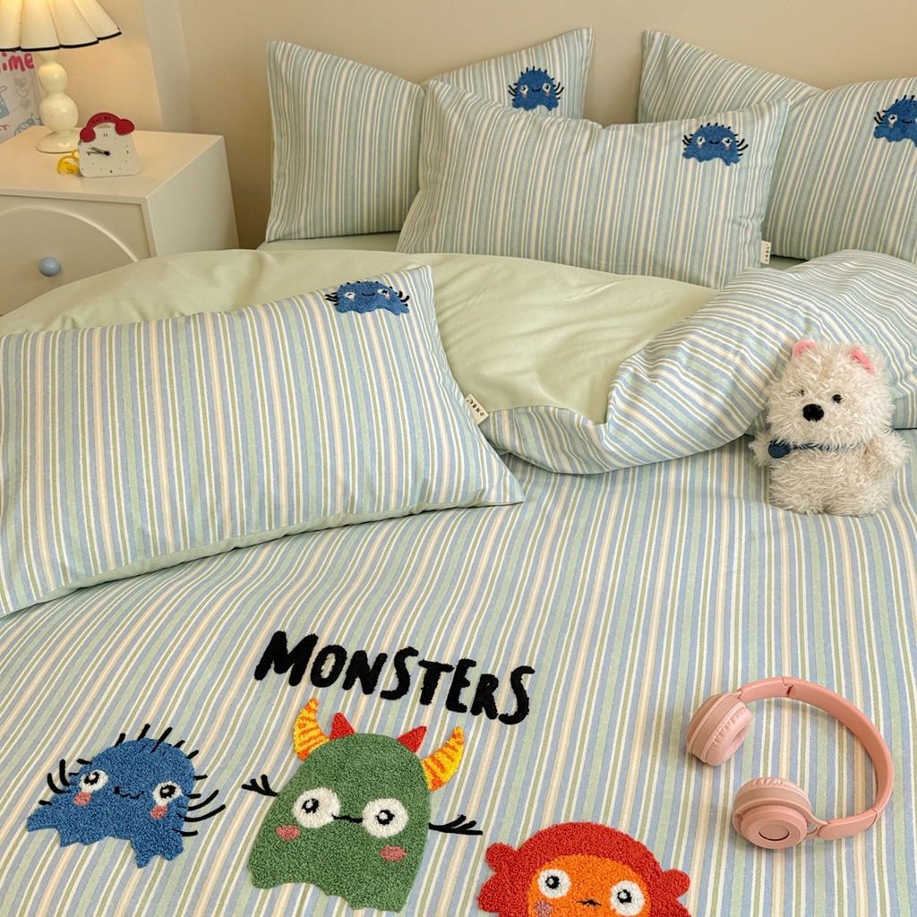 91家纺网 家纺一手货源 找家纺 简宜家居 2025新款全棉磨毛刺绣毛巾绣四件套 萌萌怪咖-蓝条