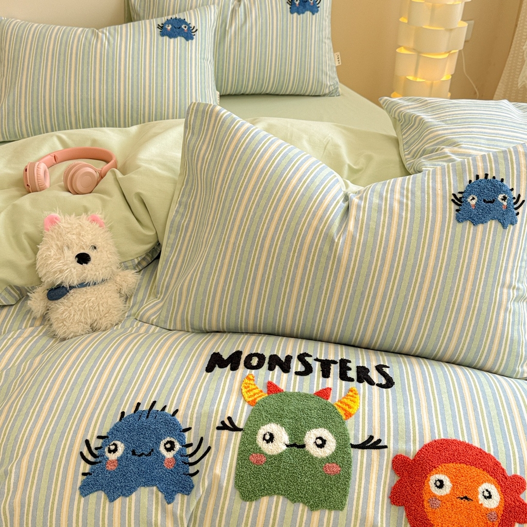 91家纺网 家纺一手货源 找家纺 简宜家居 2025新款全棉磨毛刺绣毛巾绣四件套 萌萌怪咖-蓝条