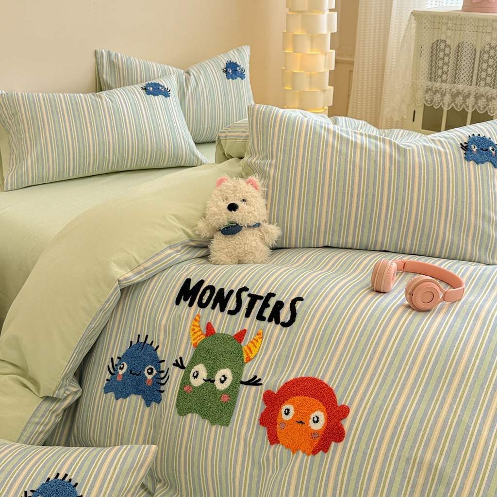 91家纺网 家纺一手货源 找家纺 简宜家居 2025新款全棉磨毛刺绣毛巾绣四件套 萌萌怪咖-蓝条