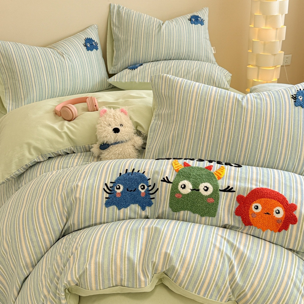 91家纺网 家纺一手货源 找家纺 简宜家居 2025新款全棉磨毛刺绣毛巾绣四件套 萌萌怪咖-蓝条