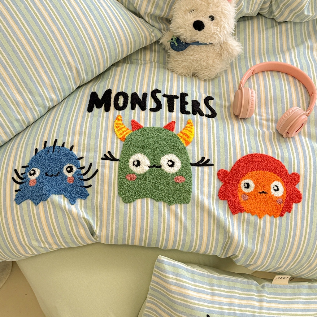 91家纺网 家纺一手货源 找家纺 简宜家居 2025新款全棉磨毛刺绣毛巾绣四件套 萌萌怪咖-蓝条