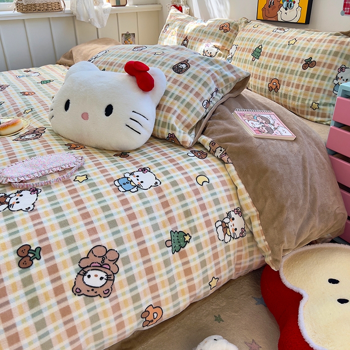 原素 2025秋冬少女心印花A类200克双拼加厚牛奶绒四件套 格纹猫咪酱