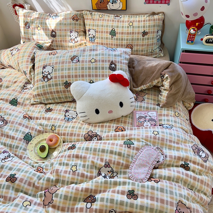 91家纺网 家纺一手货源 找家纺 原素 2025秋冬少女心印花A类200克双拼加厚牛奶绒四件套 格纹猫咪酱