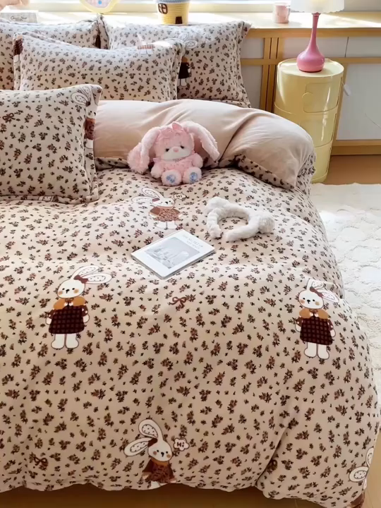 91家纺网 家纺一手货源 找家纺 一比一  2025新款双面牛奶绒四件套 布偶兔兔