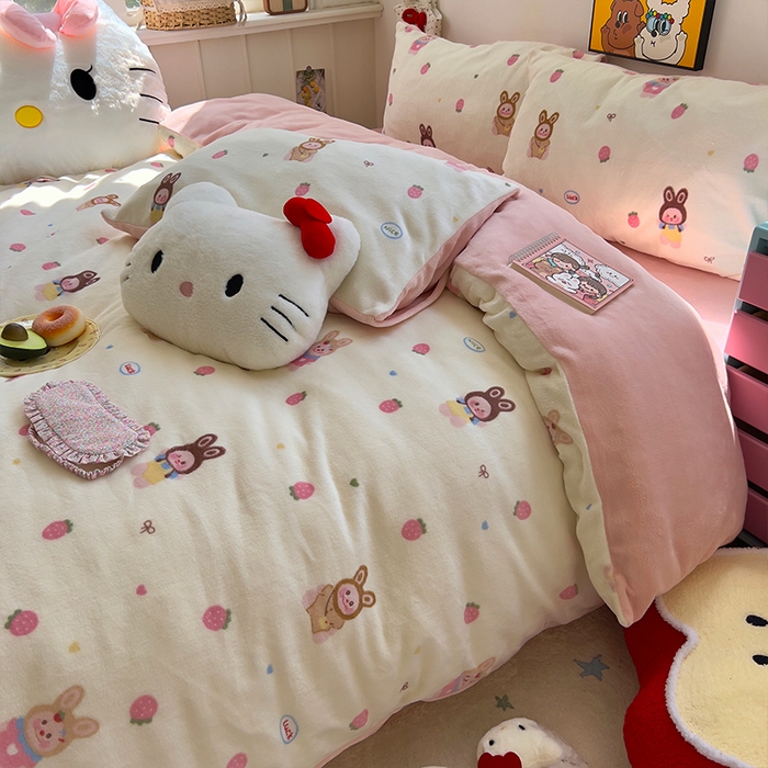 原素 2025秋冬少女心印花A类200克双拼加厚牛奶绒四件套 草莓拉拉布