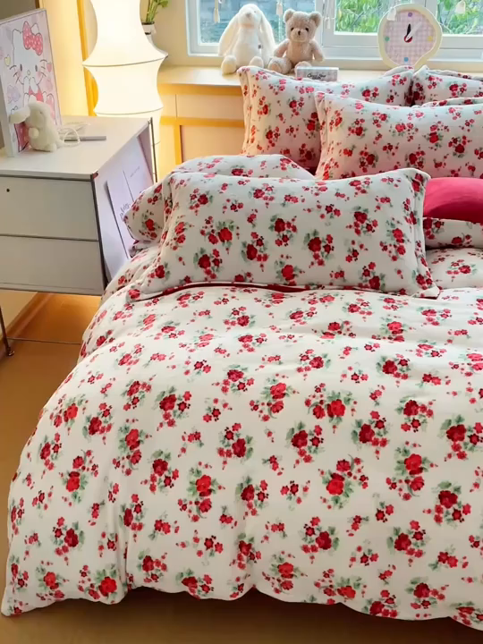 91家纺网 家纺一手货源 找家纺 一比一  2025新款双面牛奶绒四件套 花妖- 白