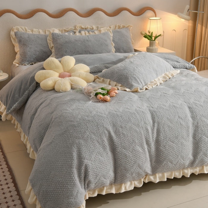 91家纺网 家纺一手货源 找家纺 优家居 2025新款加厚兔毛绒四件套 水波兔-灰