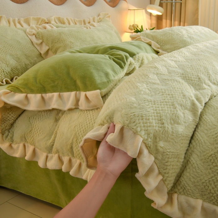 91家纺网 家纺一手货源 找家纺 优家居 2025新款加厚兔毛绒四件套 水波兔-绿