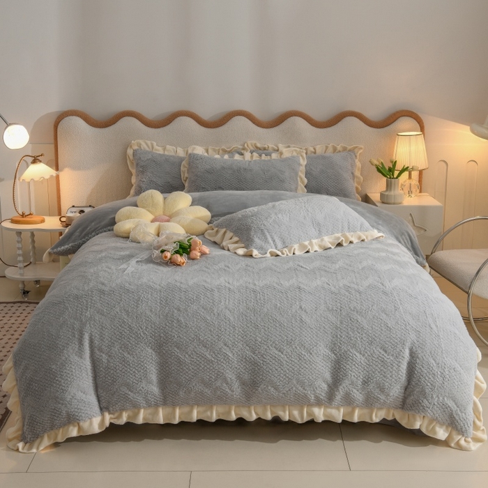 91家纺网 家纺一手货源 找家纺 优家居 2025新款加厚兔毛绒四件套 水波兔-灰