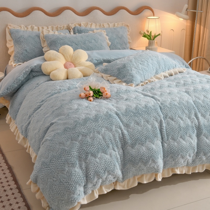 91家纺网 家纺一手货源 找家纺 优家居 2025新款加厚兔毛绒四件套 水波兔-蓝